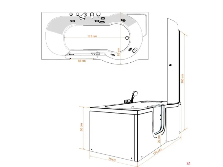 AcquaVapore Seniorendusche und Badewanne mit Tür S12D-EH-L-EC Dusche 170x85