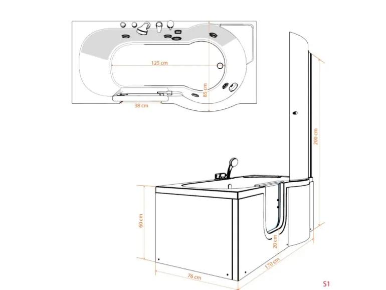 AcquaVapore Seniorendusche und Wanne mit Whirlpool S12D-EH-AIR-L-EC Dusche 170x8