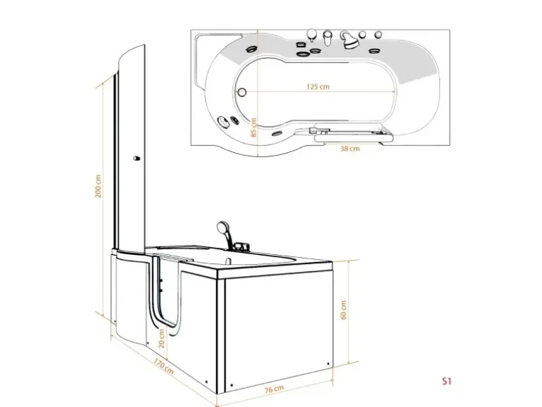 AcquaVapore Seniorendusche und Wanne mit Whirlpool S12D-EH-WP-R Dusche 85x170