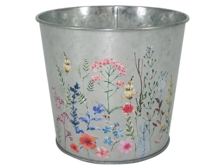 A.H.G. Übertopf Metall Verzinkt Rund Blumenaufdruck Ø 15 cm x 13 cm Silber