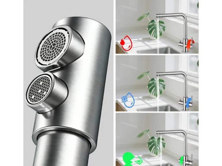 AICA Wasserhahn Silber Küche Spültischarmatur 3-Wege mit Trinkwasserfilter 2-Hebel Design für Doppelspülen 360° Schwenkbar