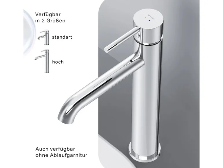 AM.PM Waschtischarmatur Hoch mit Klick-Ablaufgarnitur Spike Wasserhahn Bad, Mischbatterie FPA92200 Chrom