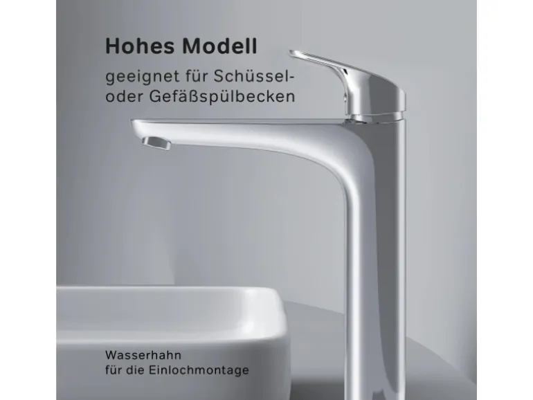 AM.PM Waschtischarmatur Hoch mit Klick-Ablauf Like Wasserhahn Bad, Waschbecken Armatur, Mischbatterie FLA92200 Chrom