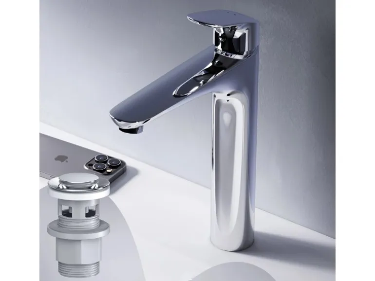 AM.PM Waschtischarmatur Hoch mit Klick-Ablauf Like Wasserhahn Bad, Waschbecken Armatur, Mischbatterie FLA92200 Chrom