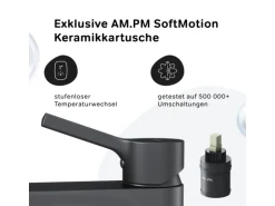 AM.PM Waschtischarmatur mit Klick-Ablauf, Wasserhahn, Waschbecken Armatur, Mischbatterie FXB82122 X-Joy S Schwarz