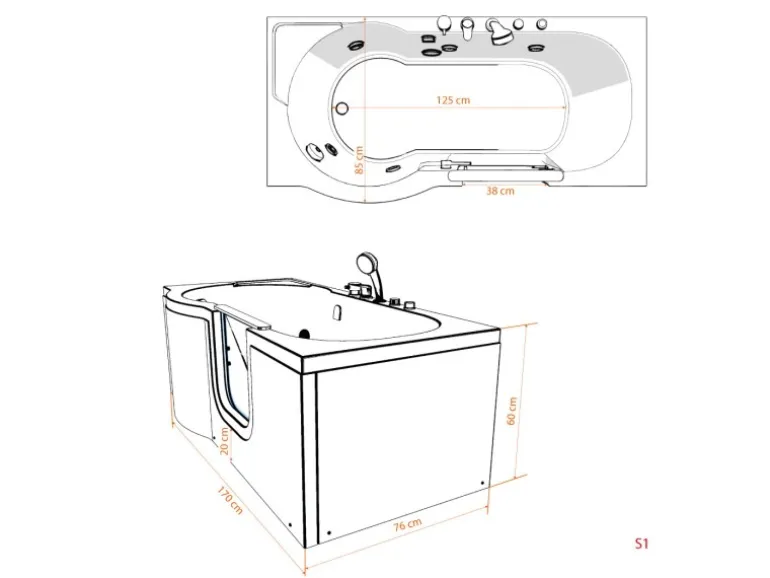 AquaVapore Seniorenwanne mit Tür Whirlpool S12-TH-WP-R Badewanne 85x170cm