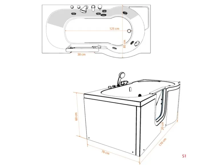 AquaVapore Seniorenwanne mit Tür Whirlpool S12-TH-AIR-L Badewanne 170x85cm
