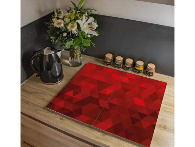Banjado Herdabdeckplatte Glas 2 Teilig Je 30x52CM Schneidebrett Herdabdeckung Mit Motiv Dreiecke Rot