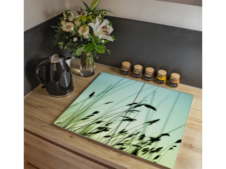 Banjado Herdabdeckplatte Glas 2 Teilig Je 30x52CM Schneidebrett Herdabdeckung Mit Motiv Gräser