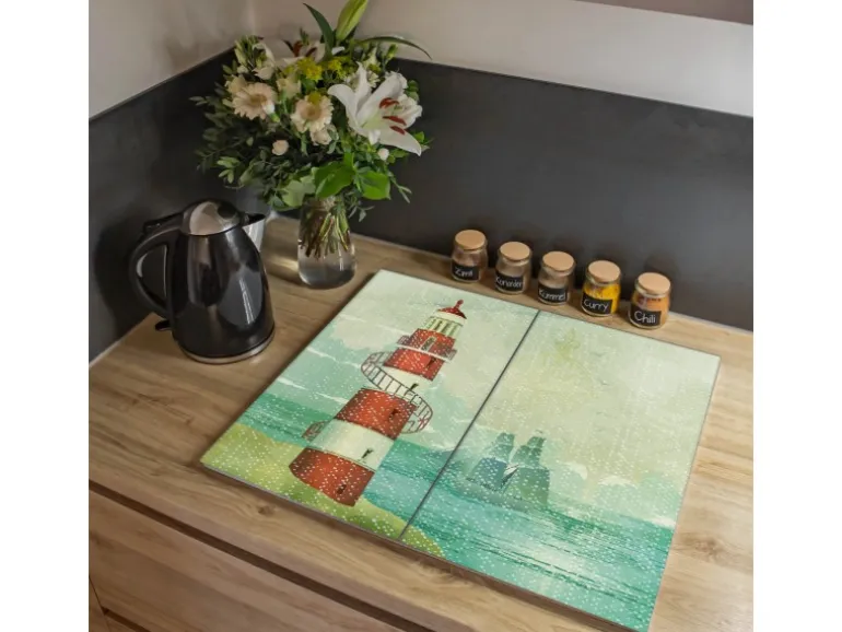 Banjado Herdabdeckplatte Glas 2 Teilig Je 30x52CM Schneidebrett Herdabdeckung Mit Motiv Alter Leuchtturm