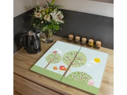 Banjado Herdabdeckplatte Glas 2 Teilig Je 30x52CM Schneidebrett Herdabdeckung Mit Motiv Drei Bäume