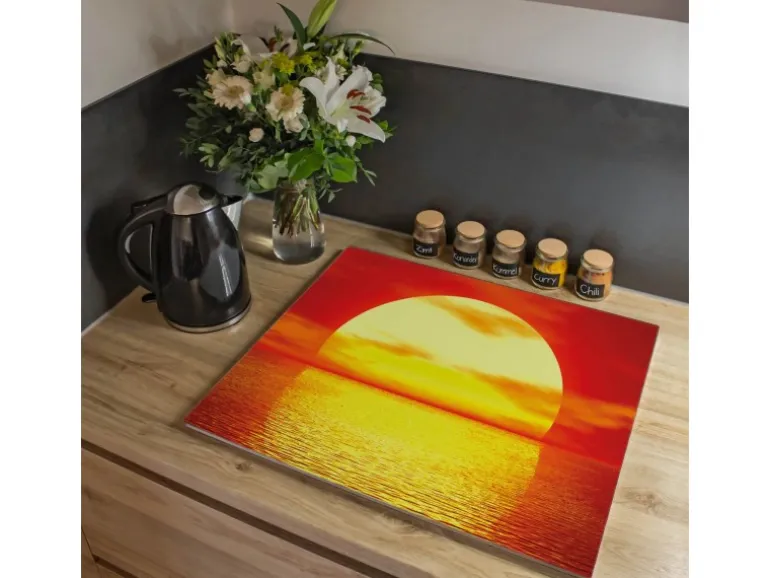 Banjado Herdabdeckplatte Glas 1 Teilig 60x52CM Schneidebrett Herdabdeckung Mit Motiv Sonnenuntergang
