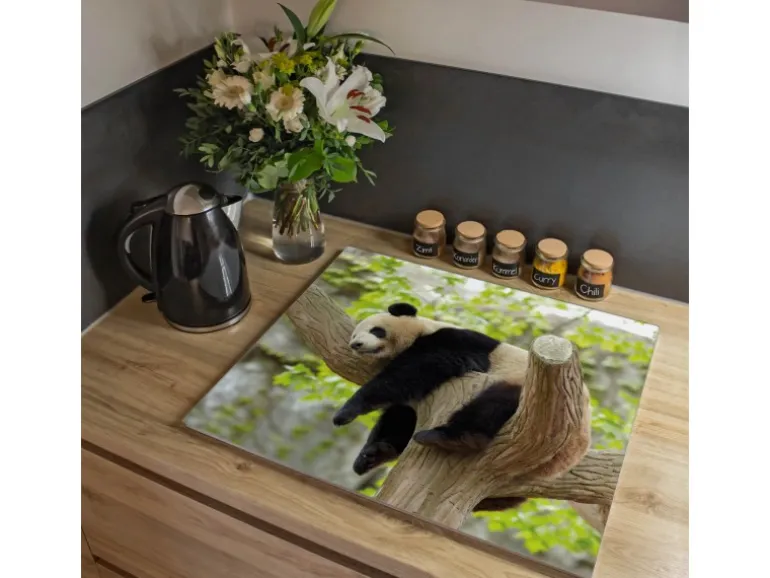 Banjado Herdabdeckplatte Glas 1 Teilig 60x52CM Schneidebrett Herdabdeckung Mit Motiv Panda