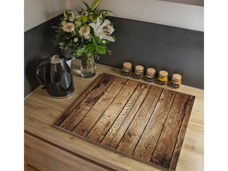 Banjado Herdabdeckplatte Glas 2 Teilig Je 30x52CM Schneidebrett Herdabdeckung Mit Motiv Geöltes Holz