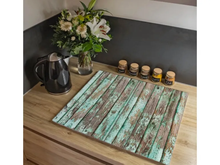 Banjado Herdabdeckplatte Glas 2 Teilig Je 30x52CM Schneidebrett Herdabdeckung Mit Motiv Verwittertes Holz