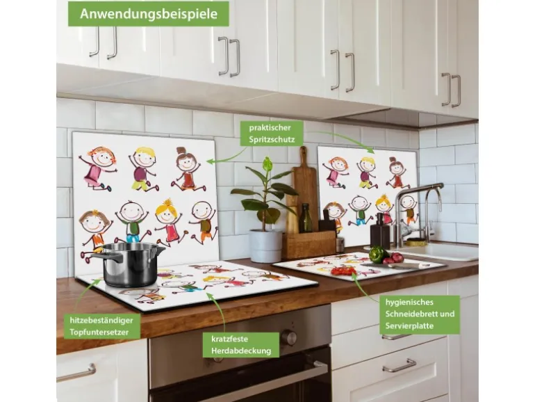 Banjado Herdabdeckplatte Glas 1 Teilig 60x52CM Schneidebrett Herdabdeckung Mit Motiv Happy Kids