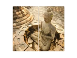 Banjado Herdabdeckplatte Glas 2 Teilig Je 30x52CM Schneidebrett Herdabdeckung Mit Motiv Sitzender Buddha