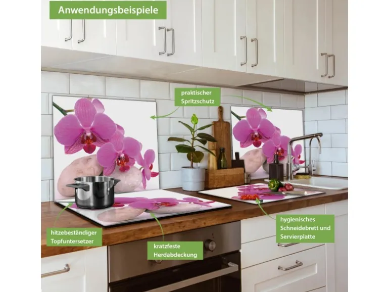 Banjado Herdabdeckplatte Glas 1 Teilig 60x52CM Schneidebrett Herdabdeckung Mit Motiv Orchidee