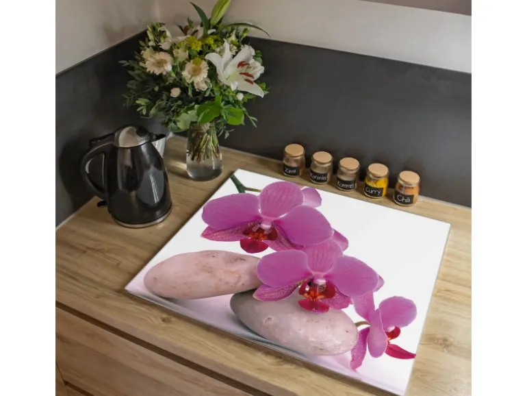 Banjado Herdabdeckplatte Glas 1 Teilig 60x52CM Schneidebrett Herdabdeckung Mit Motiv Orchidee