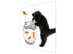 Banjado Herdabdeckplatte Glas 2 Teilig Je 30x52CM Schneidebrett Herdabdeckung Mit Motiv Katze Und Fisch