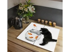 Banjado Herdabdeckplatte Glas 2 Teilig Je 30x52CM Schneidebrett Herdabdeckung Mit Motiv Katze Und Fisch