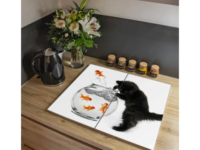 Banjado Herdabdeckplatte Glas 2 Teilig Je 30x52CM Schneidebrett Herdabdeckung Mit Motiv Katze Und Fisch