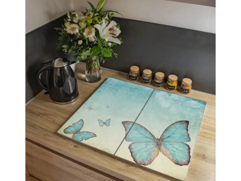 Banjado Herdabdeckplatte Glas 2 Teilig Je 30x52CM Schneidebrett Herdabdeckung Mit Motiv Blaue Schmetterlinge