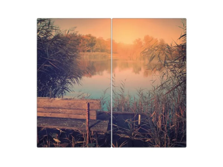 Banjado Herdabdeckplatte Glas 2 Teilig Je 30x52CM Schneidebrett Herdabdeckung Mit Motiv Bank Am See