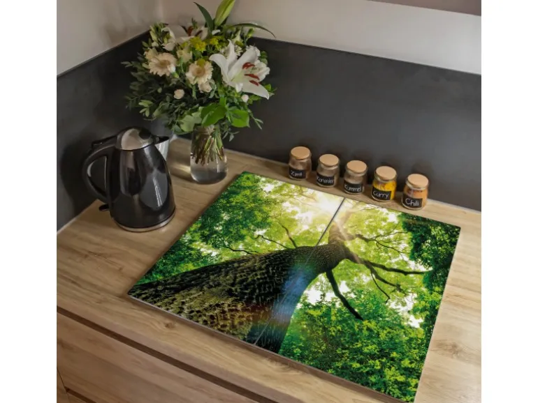 Banjado Herdabdeckplatte Glas 2 Teilig Je 30x52CM Schneidebrett Herdabdeckung Mit Motiv Baumkrone