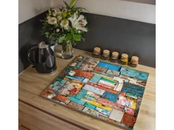 Banjado Herdabdeckplatte Glas 1 Teilig 60x52CM Schneidebrett Herdabdeckung Mit Motiv Bunte Holzschindeln