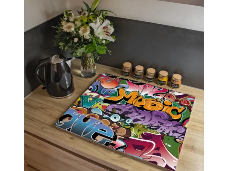 Banjado Herdabdeckplatte Glas 2 Teilig Je 30x52CM Schneidebrett Herdabdeckung Mit Motiv Graffiti