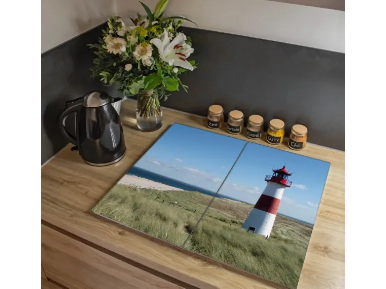 Banjado Herdabdeckplatte Glas 2 Teilig Je 30x52CM Schneidebrett Herdabdeckung Mit Motiv Leuchtturm