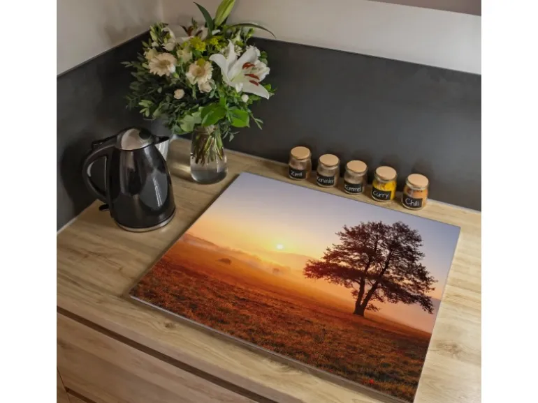 Banjado Herdabdeckplatte Glas 1 Teilig 60x52CM Schneidebrett Herdabdeckung Mit Motiv Sonnenaufgang