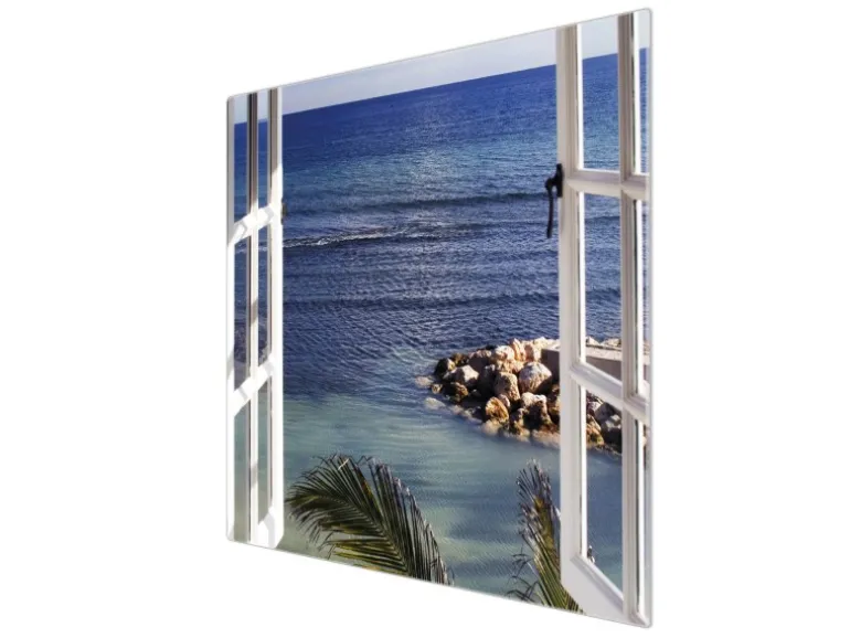 Banjado Herdabdeckplatte Glas 1 Teilig 60x52CM Schneidebrett Herdabdeckung Mit Motiv Fensterpanorama