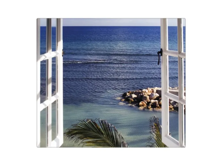 Banjado Herdabdeckplatte Glas 1 Teilig 60x52CM Schneidebrett Herdabdeckung Mit Motiv Fensterpanorama