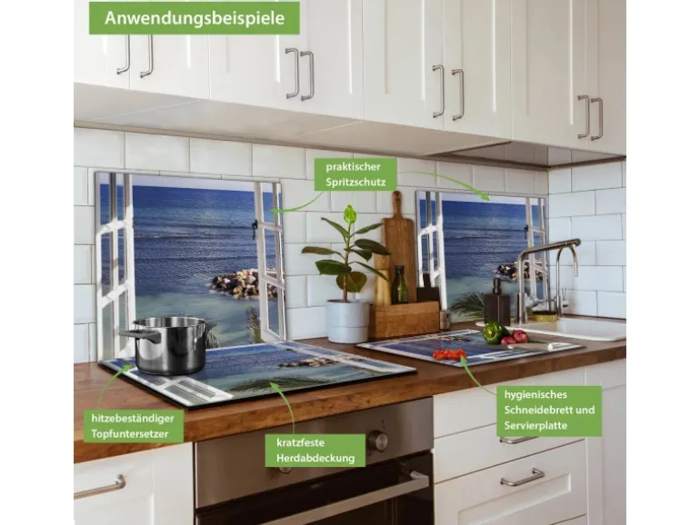 Banjado Herdabdeckplatte Glas 1 Teilig 60x52CM Schneidebrett Herdabdeckung Mit Motiv Fensterpanorama