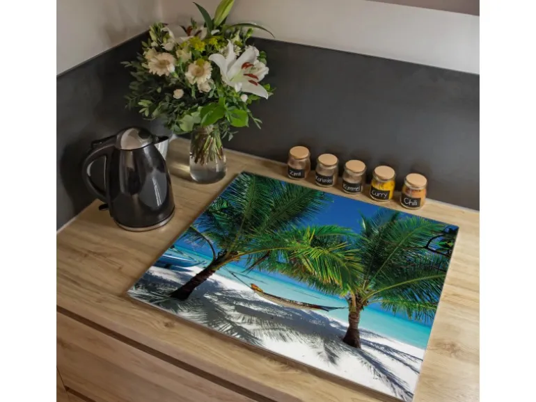 Banjado Herdabdeckplatte Glas 1 Teilig 60x52CM Schneidebrett Herdabdeckung Mit Motiv Strand