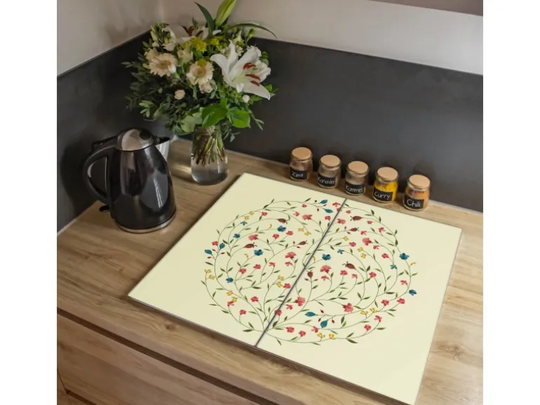 Banjado Herdabdeckplatte Glas 2 Teilig Je 30x52CM Schneidebrett Herdabdeckung Mit Motiv Blumenreigen