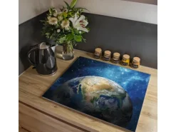 Banjado Herdabdeckplatte Glas 1 Teilig 60x52CM Schneidebrett Herdabdeckung Mit Motiv Erdkugel