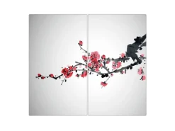 Banjado Herdabdeckplatte Glas 2 Teilig Je 30x52CM Schneidebrett Herdabdeckung Mit Motiv Japanische Blüten 2