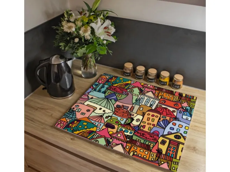 Banjado Herdabdeckplatte Glas 2 Teilig Je 30x52CM Schneidebrett Herdabdeckung Mit Motiv Funky Town