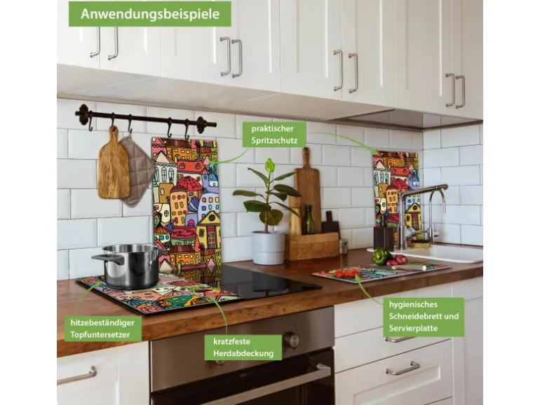 Banjado Herdabdeckplatte Glas 2 Teilig Je 30x52CM Schneidebrett Herdabdeckung Mit Motiv Funky Town