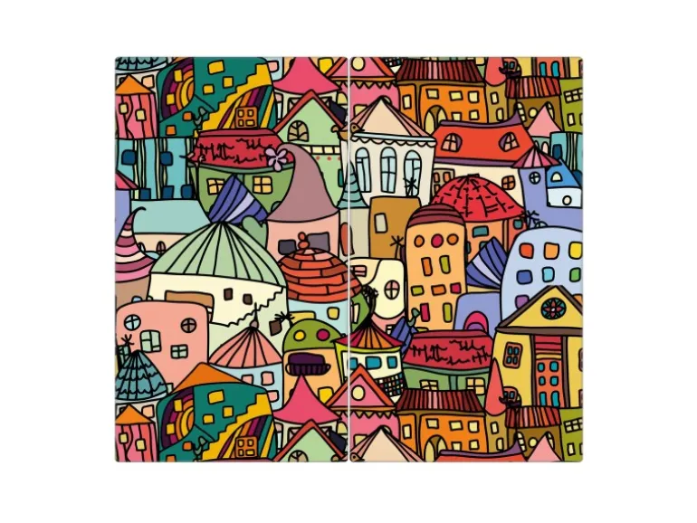 Banjado Herdabdeckplatte Glas 2 Teilig Je 30x52CM Schneidebrett Herdabdeckung Mit Motiv Funky Town