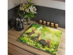 Banjado Herdabdeckplatte Glas 1 Teilig 60x52CM Schneidebrett Herdabdeckung Mit Motiv Drei Hasen
