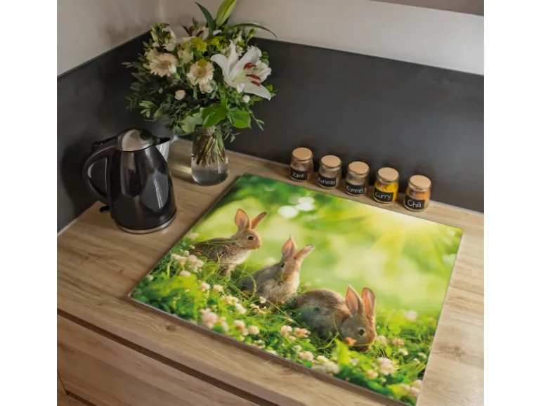 Banjado Herdabdeckplatte Glas 1 Teilig 60x52CM Schneidebrett Herdabdeckung Mit Motiv Drei Hasen