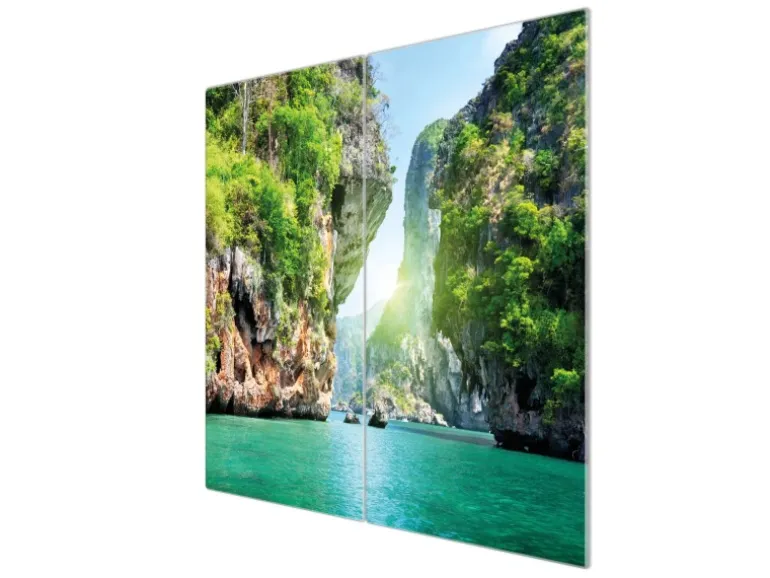 Banjado Herdabdeckplatte Glas 2 Teilig Je 30x52CM Schneidebrett Herdabdeckung Mit Motiv Versteckte Bucht