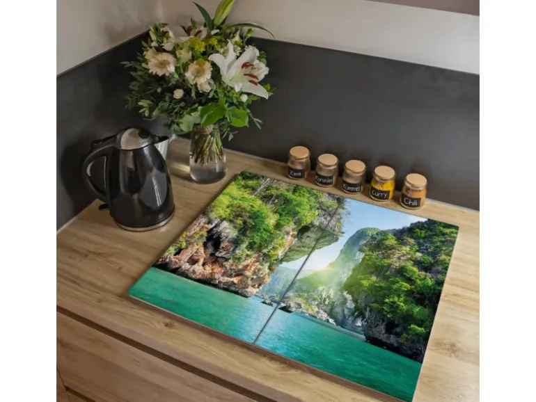 Banjado Herdabdeckplatte Glas 2 Teilig Je 30x52CM Schneidebrett Herdabdeckung Mit Motiv Versteckte Bucht