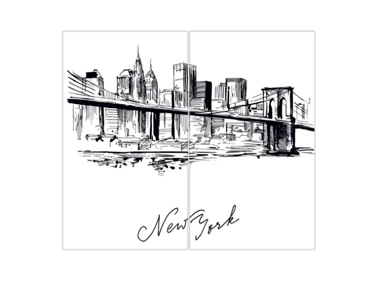 Banjado Herdabdeckplatte Glas 2 Teilig Je 30x52CM Schneidebrett Herdabdeckung Mit Motiv New York Skizze