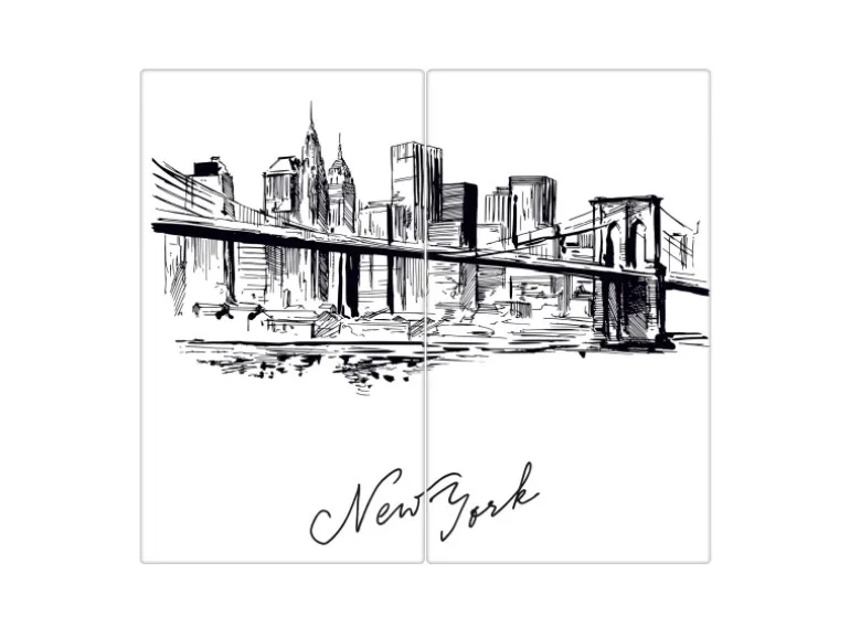 Banjado Herdabdeckplatte Glas 2 Teilig Je 30x52CM Schneidebrett Herdabdeckung Mit Motiv New York Skizze