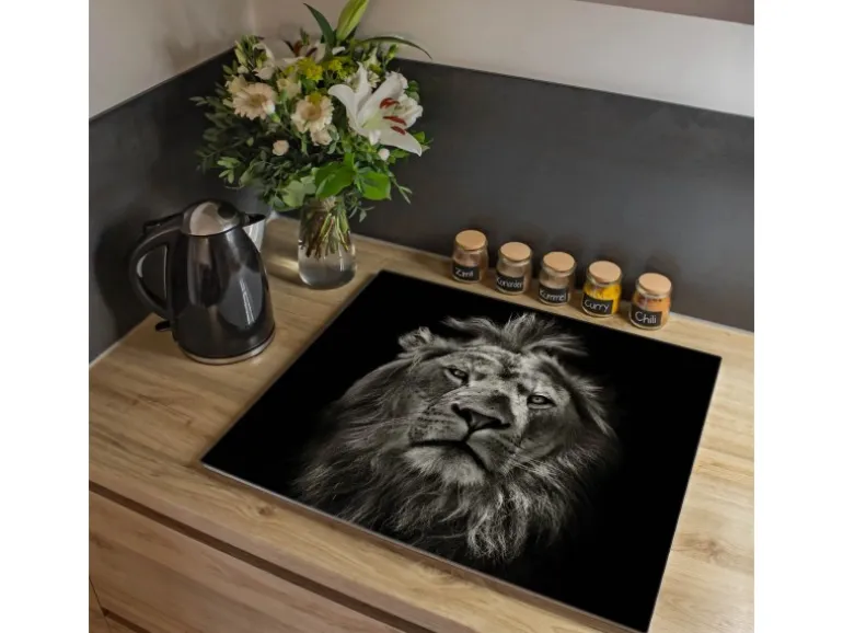 Banjado Herdabdeckplatte Glas 1 Teilig 60x52CM Schneidebrett Herdabdeckung Mit Motiv Löwe Porträt